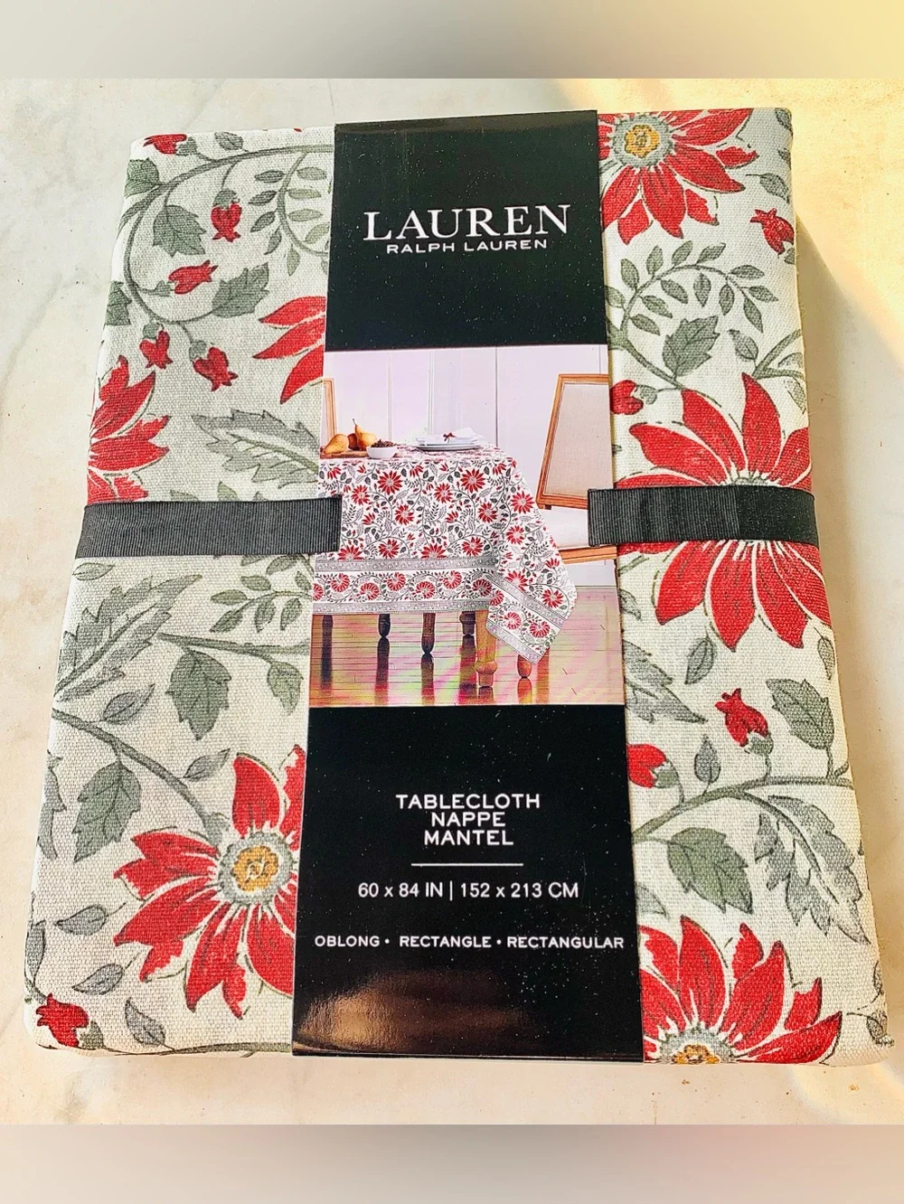RALPH LAUREN TABLECLOTH NEW 60 BY 84IN OBLONG RED GREEN COTTON